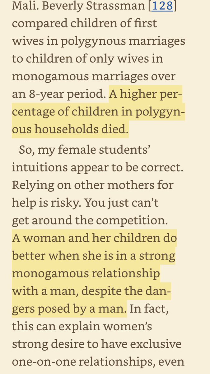 “Researchers studied polygynous households in more than 50 different cultures..co-wives engage in some of the most intense violence that occurs between women..A woman and her children do better when she is in a strong monogamous relationship with a man”  https://amzn.to/2NmNxWu 