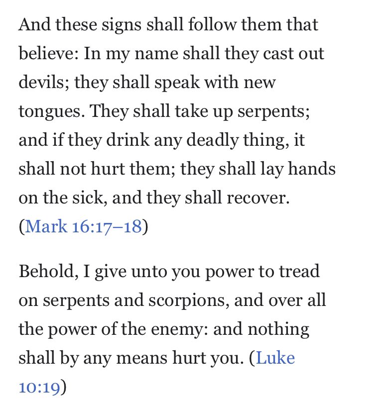 Because that is how to prove your faith. If the snake was agitated, your faith was weak. If the snake was calm, your faith was strong. As a young 8 y/o, afraid for my own life, I wondered why faithful people were still being attacked. 2/x