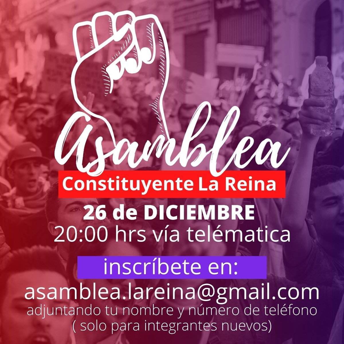 26 de diciembre nos encontramos en
#Asamblea  Constituyente La Reina
a las 20:00hrs.

Sigamos avanzando✊