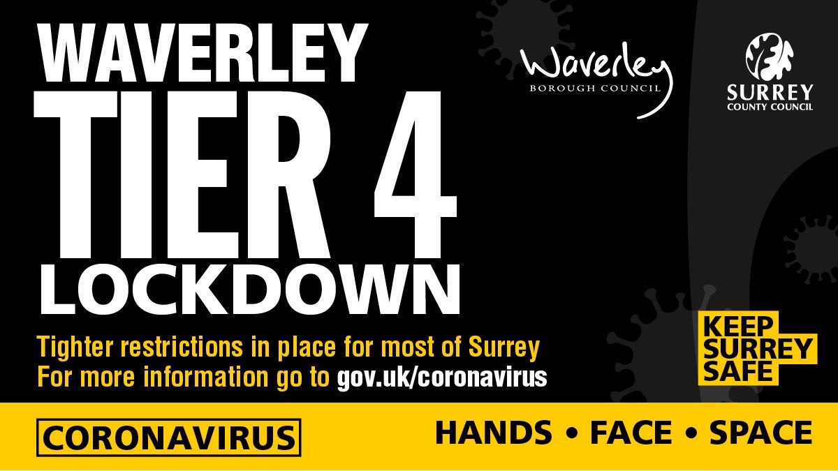 Residents of Waverley Borough Council will be entering Tier 4 from 12.01am on 26 December (Boxing Day). Please stay at home as much as possible.