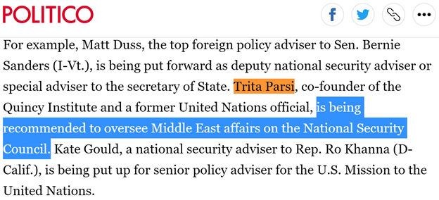 12)“Progressives line up their own national security recruits for Biden,” according to Politico.The list includes none other than Trita Parsi who has very close ties to Tehran’s regime’s senior officials & a history of exchanging emails with Zarif himself.