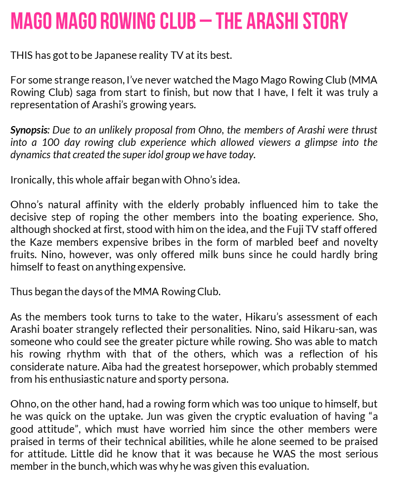 T101archive's tweet photo. 8 yrs ago, I wrote a review of Mago Mago Rowing Club n how it represented the Arashi story.

I'm proud to say that many elements of that story still hold true today.

Arashi was thrust into a 100 day rowing club which showed a glimpse of the dynamics behind Japan's top idol group https://t.co/7ZGmlP2AgM