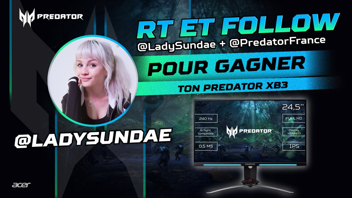 Sundae ♡ (@ladysundae) on Twitter photo Pour Noël, avec <a href="/PredatorFrance/">Predator Gaming 🇫🇷</a> on vous fait un giga cadeau : leur nouvel écran XB3 full HD 240Hz - le must pour les jeux compétitifs & eSport ! ♥🎉
Pour participer :
✅ Follow <a href="/LADYSUNDAE/">Sundae ♡</a>
✅ Follow <a href="/PredatorFrance/">Predator Gaming 🇫🇷</a>
✅ RT ce post !
Tirage au sort Lundi 28 Décembre! 🎁 Pour Noël, avec <a href="/PredatorFrance/">Predator Gaming 🇫🇷</a> on vous fait un giga cadeau : leur nouvel écran XB3 full HD 240Hz - le must pour les jeux compétitifs & eSport ! ♥🎉
Pour participer :
✅ Follow <a href="/LADYSUNDAE/">Sundae ♡</a>
✅ Follow <a href="/PredatorFrance/">Predator Gaming 🇫🇷</a>
✅ RT ce post !
Tirage au sort Lundi 28 Décembre! 🎁