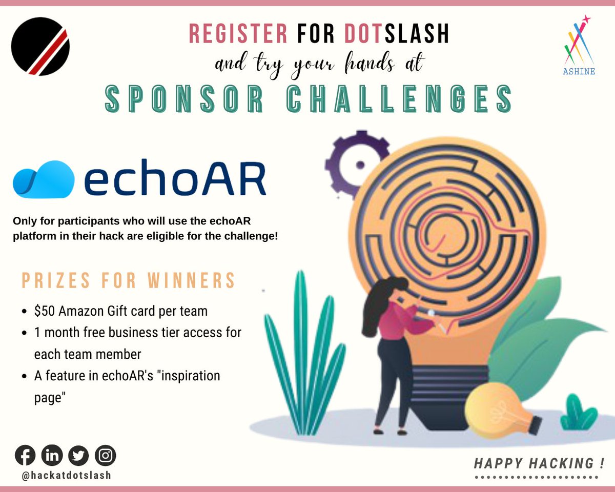 hackatdotslash's tweet photo. DotSlash in association with echoAR presents a sponsored challenge!! There are some absolutely amazing prizes in store for the winners of the challenge!!!

Participants who use the echoAR platform will only be considered for the challenge.
#svnit #hackathon #dotslash #Surat #hack https://t.co/oTPTvLEbWS