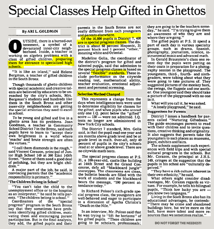 SHSAT History: NY Times article on the then "Special Progress" program, providing in-school  #SHSAT test prep in the Bronx.  #SPECIALPROGRESS  #SP Dec 12th 1978