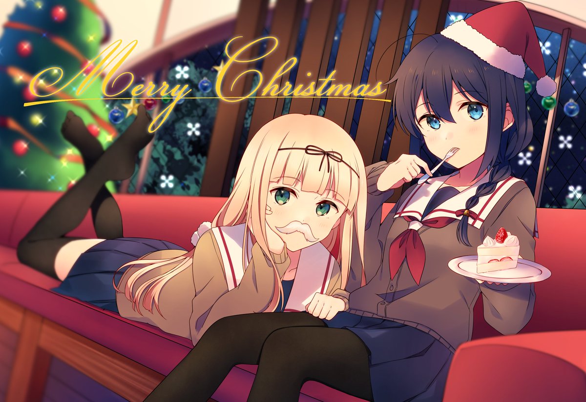 shigure (kancolle) ,yuudachi (kancolle) multiple girls 2girls fake facial hair fake mustache blonde hair long hair santa hat  illustration images