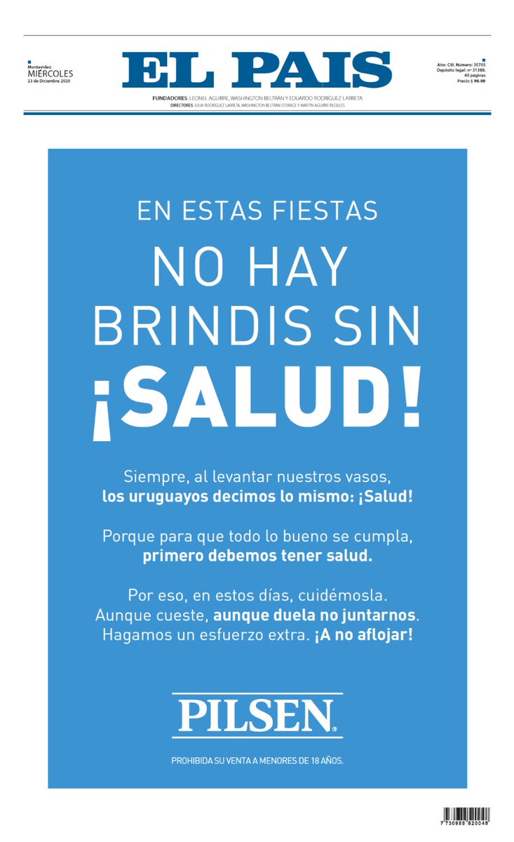 Siempre, al levantar nuestros vasos,
los uruguayos decimos lo mismo: ¡Salud!

En estas fiestas cuidémosla. Aunque cueste, aunque duela no juntarnos.
Hagamos un esfuerzo extra.

Es un mensaje de <a href="/PilsenUruguay/">Pilsen Uruguay</a> y <a href="/elpaisuy/">EL PAÍS</a>