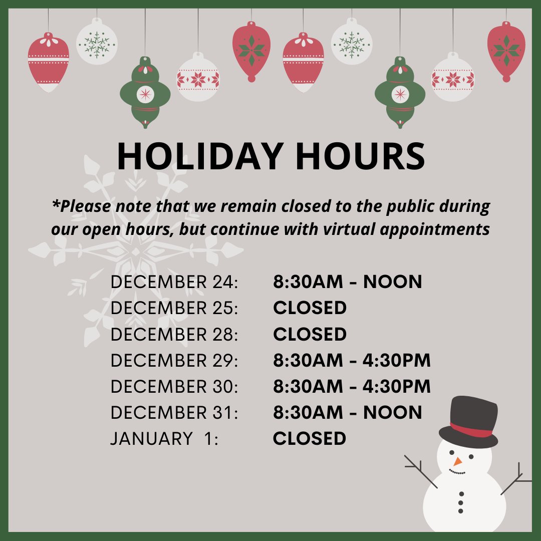 MSCTillsonburg's tweet photo. 🎄HOLIDAY HOURS🎄
*Please note that while we will be closed to the public during our open hours, virtual appointments and all virtual January workshops are still being scheduled*

Wishing you a safe and happy holiday season from the team at the MSC! ❄️🎅🎄🙂 https://t.co/0bE0bHeziK