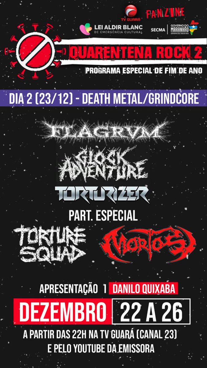 adalbertopcjr's tweet photo. é hoje no #quarentenarock2 

As bandas @flagrvmofficial @glockadventure e @torturizer detonam tudo hoje além da participação mais que especial da banda @mortosdeathmetal e @torture_squad 

22h no canal 23.1 ou pelo Youtube Tv Guará.

#quarentenarock2 #tvguara @GlockAdventure https://t.co/gPCBP8bxPw