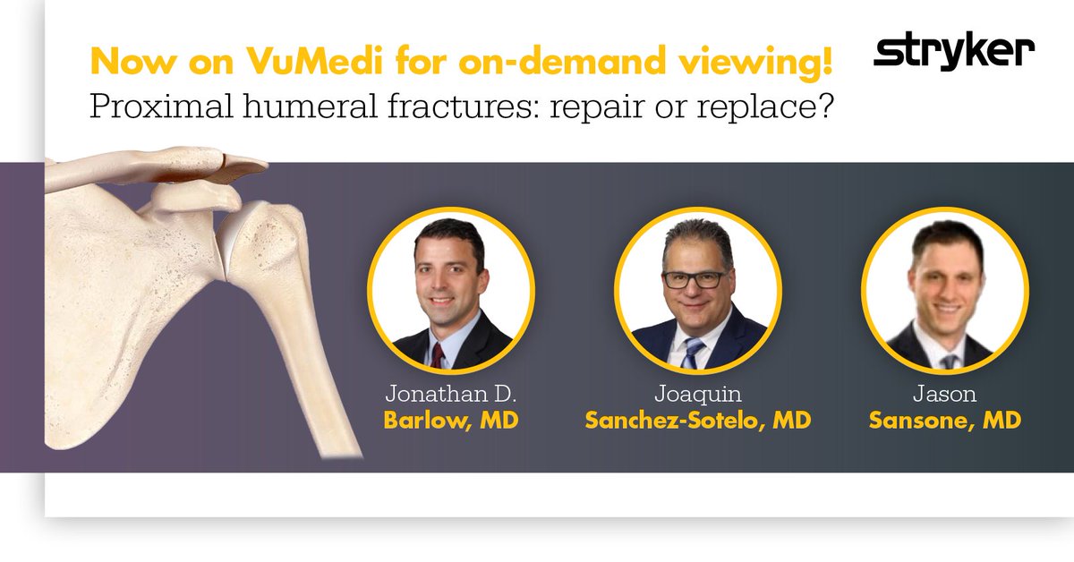 Drs. Sanchez-Sotelo, Barlow and Sansone originally hosted Stryker’s Proximal humeral fractures course, discussing repair vs replace options. Check it out now on our VuMedi channel along with other courses and videos in our growing library. 
Link: ow.ly/e9k550CTds7
