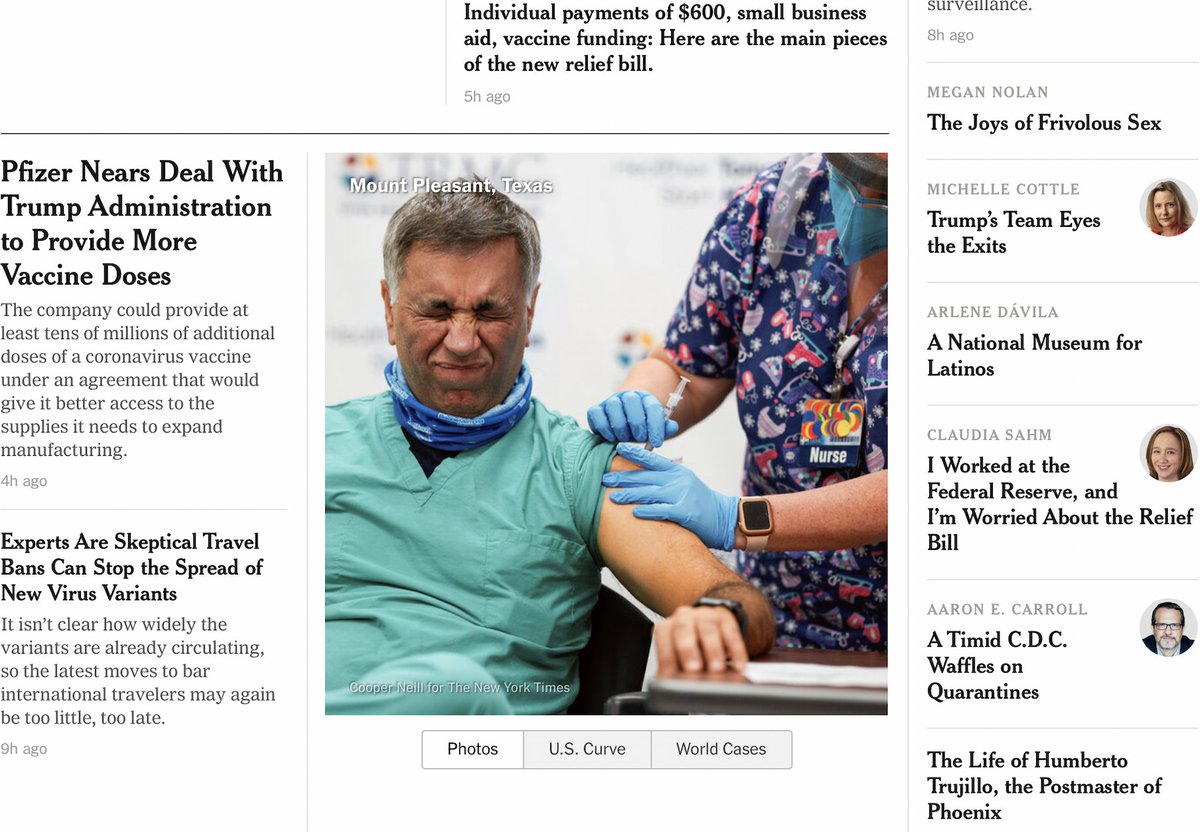 Bob Wachter (@bob_wachter) on Twitter photo Dear <a href="/nytimes/">The New York Times</a> photo editor:
Huge fan here. But when you post pic of a guy grimacing while getting his vaccine (when shot actually feels like a pin prick), at least consider fact that 1000s may see this as reason to not get vaccinated. Some will die from that decision. Thanks. Dear <a href="/nytimes/">The New York Times</a> photo editor:
Huge fan here. But when you post pic of a guy grimacing while getting his vaccine (when shot actually feels like a pin prick), at least consider fact that 1000s may see this as reason to not get vaccinated. Some will die from that decision. Thanks.