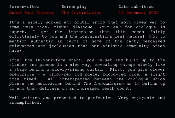 HeadSlashDead's tweet photo. #openingshot First official feedback on my #horror #screenplay “The Intermission”
“The Intermission” is a backstage #slasher story, #getout meets #scream about the cast of a #Broadway play being killed off one by one.
Minimal locations. Small cast. Medium budget.
#HorrorMovies https://t.co/8YA4wno5hu