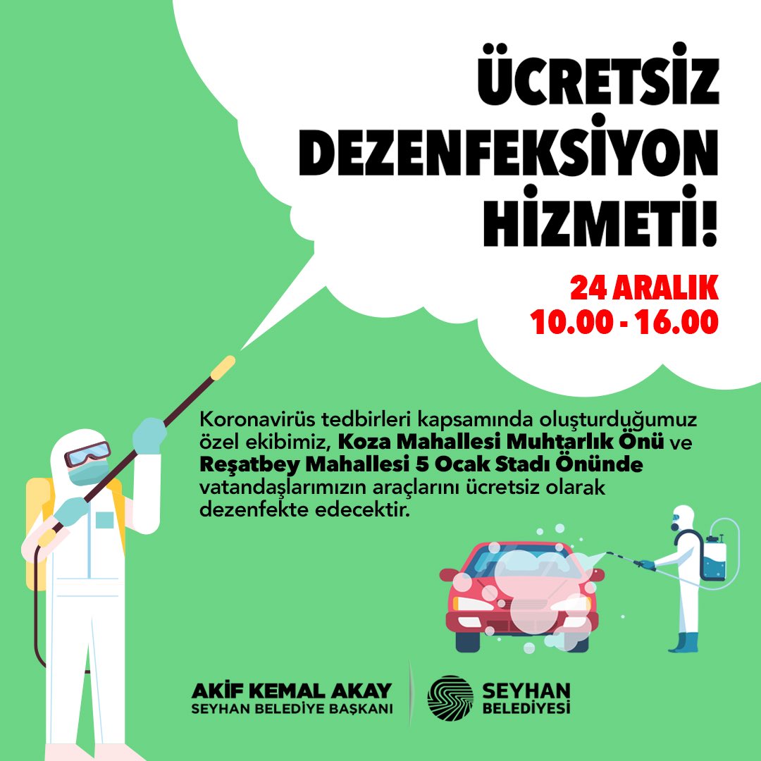 SeyhanBelediye's tweet photo. Seyhan’da Ücretsiz Dezenfeksiyon Hizmeti🚘

📍Koza Mahallesi Muhtarlığı Önü
📍Reşatbey Mahallesi 5 Ocak Stadı Önü

 🗓24 Aralık Perşembe
⏰10.00-16.00
📌Ücretsizdir https://t.co/IDg3r3vkgB