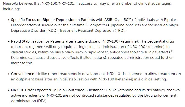 Hat, meet rabbit. Along comes NeuroRx, a pre-revenue biotech company whose internal pipeline consists of a non-psychedelic ketamine drug called NRX-101 currently in Phase 3 clinical trials for treatment of bipolar depression with suicidal ideation.