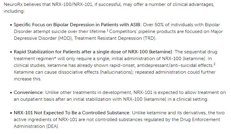 Hat, meet rabbit. Along comes NeuroRx, a pre-revenue biotech company whose internal pipeline consists of a non-psychedelic ketamine drug called NRX-101 currently in Phase 3 clinical trials for treatment of bipolar depression with suicidal ideation.