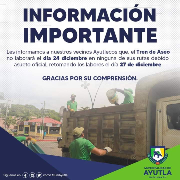 muniayutla's tweet photo. Les compartimos esta importante información a nuestro vecinos ayutlecos, que el día de mañana 24 de diciembre el servicio del Tren de Aseo, no realizará labores en ninguna de sus rutas, retomando los labores el día 27 de diciembre. 

#MuniAyutla https://t.co/PqL6ppB3IL