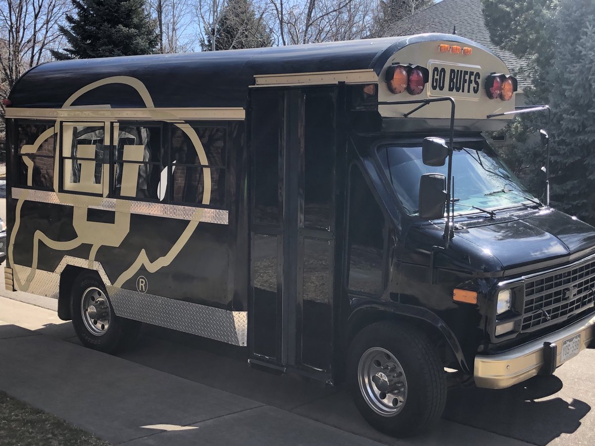 JWBuffsEers's tweet photo. Cool thing happened...I was out in the bus, and the branding guy at CU that approved the use of the Ralphie logo stopped me. He finally got to see the bus up close. He loved it! I didn’t hit the train horn though. Ha ha. Thanks for the Buffs masks! #GoBuffs https://t.co/JGfXYFasOD