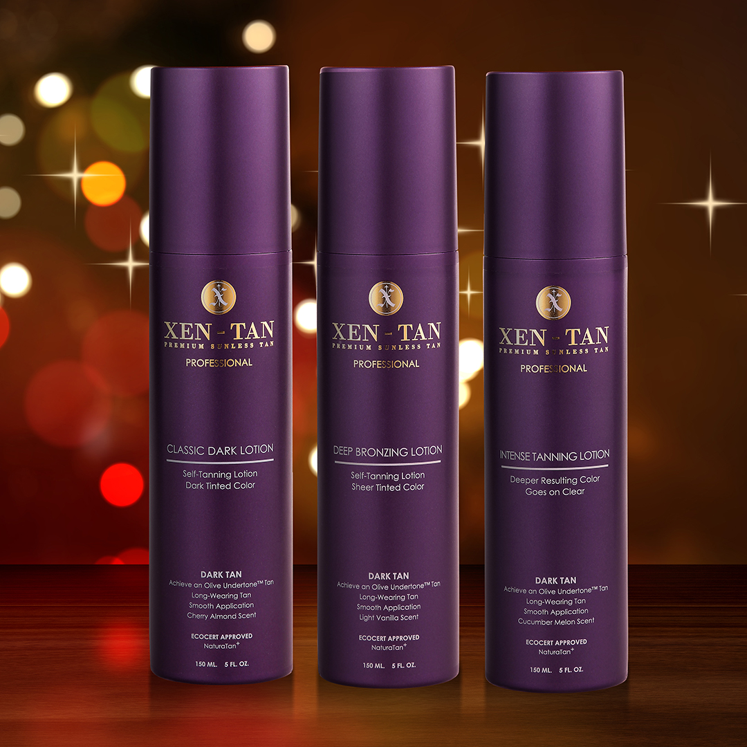 The more, the merrier! Try all 3 of our hydrating lotion tanners &amp; sleigh this holiday season! 🎄
#xentan #tan #tanning #selftan #sunlesstan #darktan #glowingskin #glow #holidaytan #ClassicDarkLotion #DeepBronzingLotion #IntenseTanningLotion
