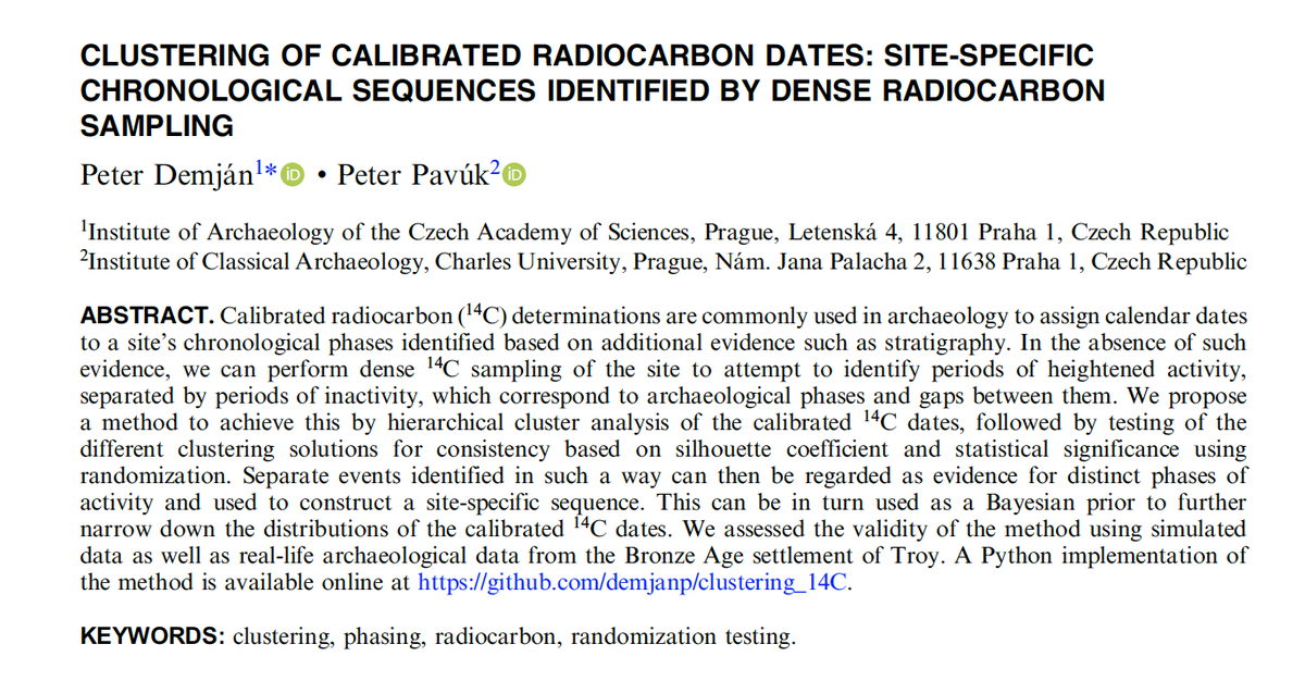 socarchsci's tweet photo. New paper in@14Cjournal by @pavuk_peter &amp; @p_demjan: "Clustering of calibrated radiocarbon dates: site-specific chronological sequences identified by dense radiocarbon sampling" https://t.co/XX3jyOojGm Includes Python implementation at: https://t.co/HdOzJl11lc #archsci #bronzeage https://t.co/xBkXT5GT6G