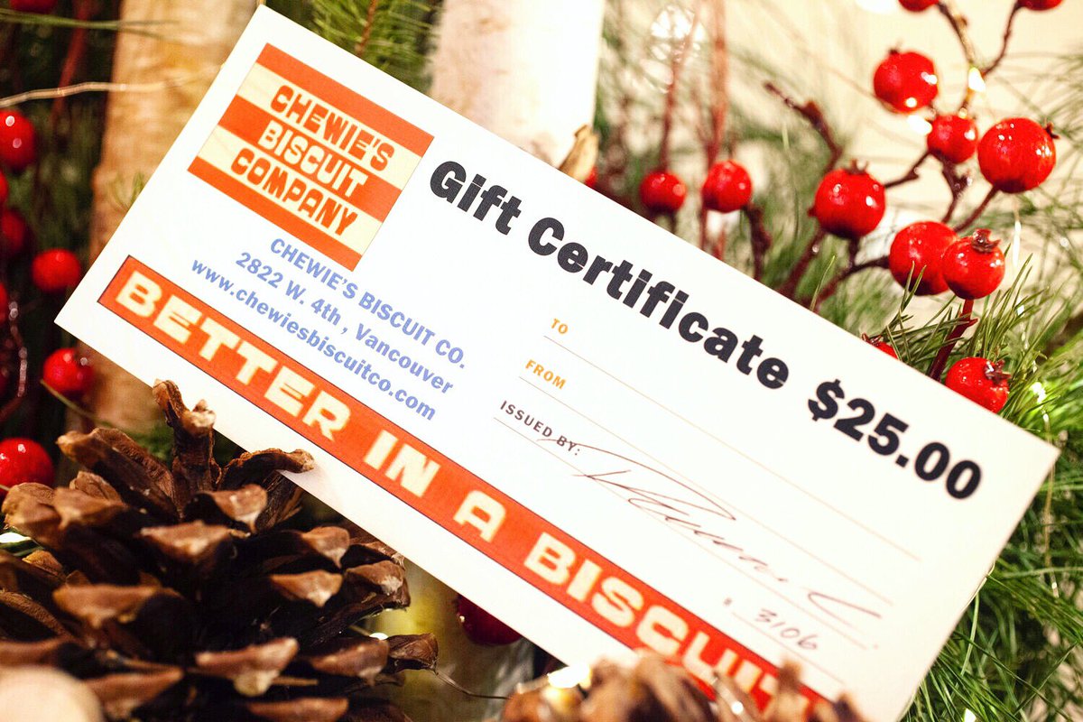 We have Gift Certificates!  Come down to the restaurant and we’ll hook you up. 
🎄 
HOLIDAY HOURS
23RD  10-8PM
24TH  10-3PM
25TH  10-3PM
26TH  10-3PM
NYE  10-3PM
JAN 1  10-3PM
🎄
#ComfortFoodChristmas
#ChewiesBiscuitCo