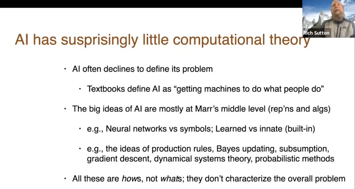 superbeto's tweet photo. Next at #AIDebate2's Architecture and Challenges panel is #RichSutton talking about how Reinforcement Learning is the Computational Theory of Intelligence https://t.co/KwpY6wMPC3