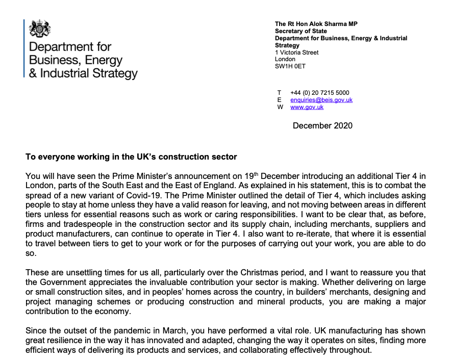 BuildUK's tweet photo. Secretary of State @AlokSharma_RDG has confirmed that #construction work - including tradespeople, merchants, suppliers, and manufacturers - can continue in Tier 4 areas:

https://t.co/5F6EjoR4h0 https://t.co/bnpTXgfZtO