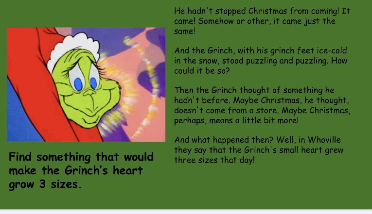 Elizabeth Kick Reinventing Holiday Activities This Virtual Week Has Been Quite The Adventure Look At One Of My Kinders Response To Our Grinch Scavenger Hunt Find Something That Would Make