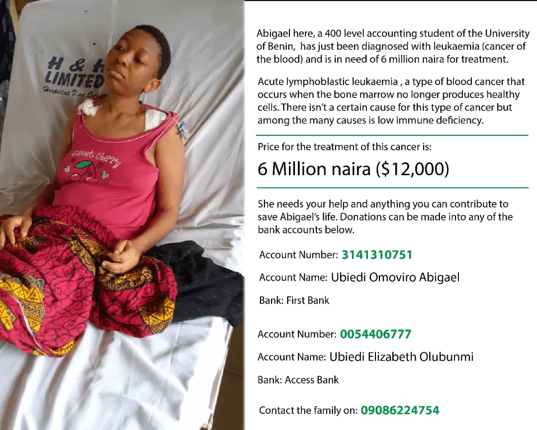 SOzogbu's tweet photo. Please help, she was diagnosed with cancer, please help save her life, please any amount would go a long way @itsLaycon, @2muchAkanni
, @DONJAZZY 
 #AbigaelNeedsHelp https://t.co/mrfnJ0ibYS https://t.co/jqutW6WPmd