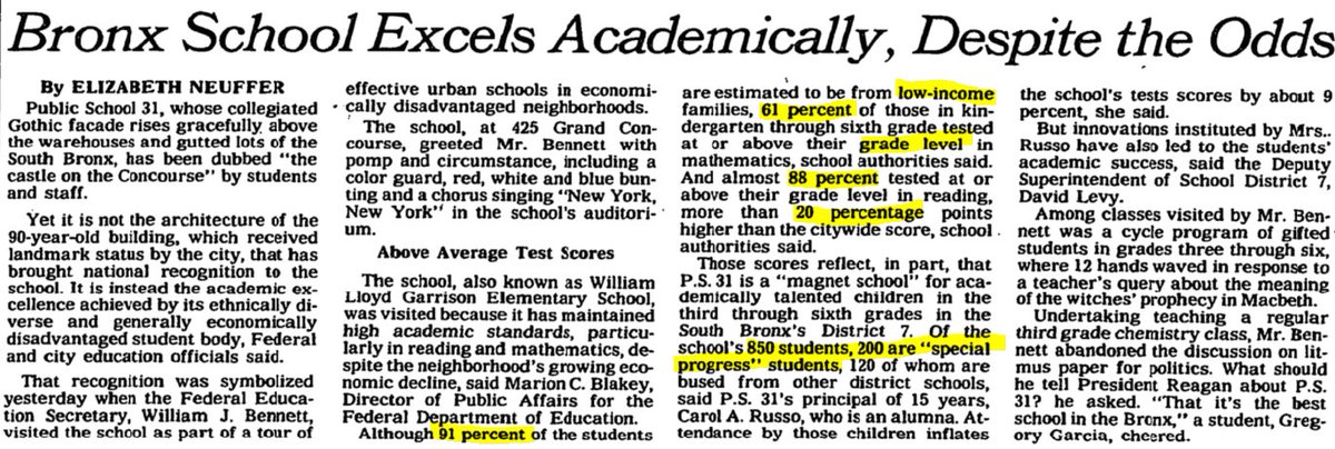 This 1987 article gives us a little more insight into an SP school. It's really not that impressive if you understand what's happening.The school is now a magnet drawing 120 bussed-in students into a 200 sts program.