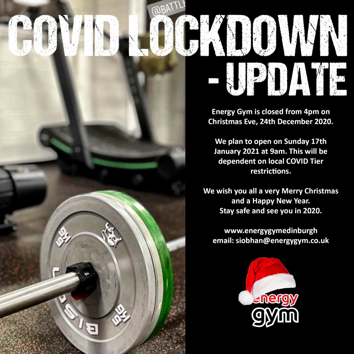 Energy_Gym's tweet photo. Have a great Xmas and New Year.  Stay safe and see you ASAP in 2021 💪⭐️👍 #gym #edinburgh #olympicweightlifting #HIIT #weightlifting https://t.co/c8Twt76b7c