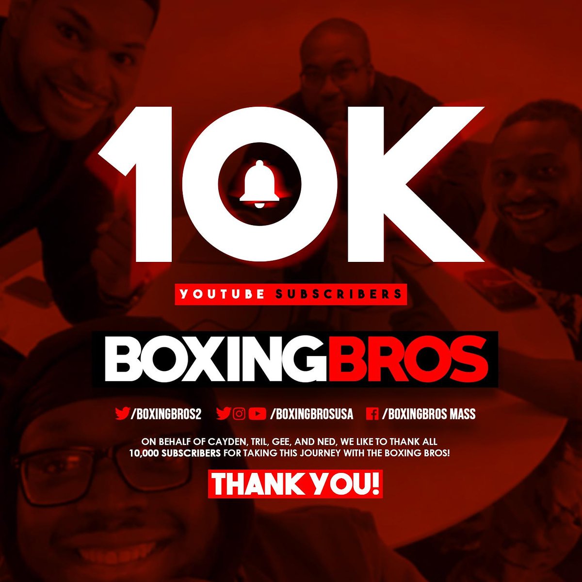 BoxingBrosLLG's tweet photo. BoxingBros would like to say THANK YOU for all your support and encouragement! We made it to 10K and we couldn't do it without your help! Much Respect!🥊🥊🥊🥊
#BoxingBros #boxinganalyst #boxingcommentators #weareboxing https://t.co/nJLkEoovn9