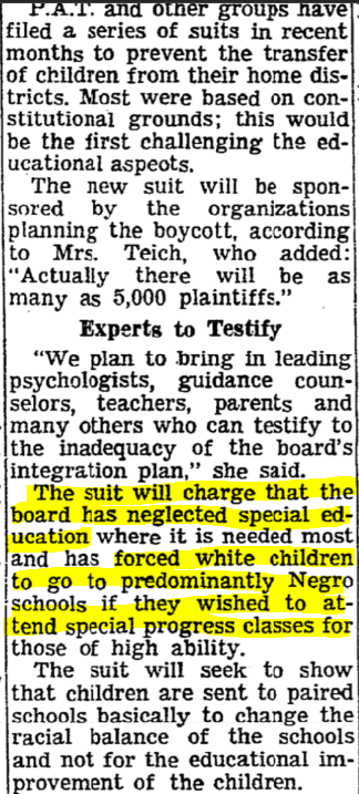 In 1964 "Special Progress" program made it into the now infamous Parent And Taxpayers lawsuits.They claim parents are being forced into Negro schools to attend SP. Little has changed in 60 years.