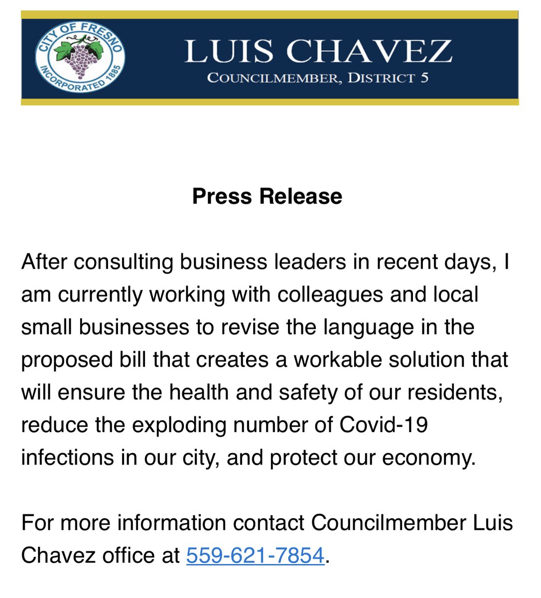 After consulting business leaders in recent days, I am currently working with colleagues and local small businesses to revise the language in the proposed bill that creates a workable solution that will ensure the health and safety of our residents.