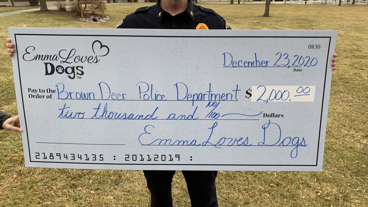 Today, Vader made a stop at the dept as the <a href="/BrownDeerWIPD/">Brown Deer PD</a> graciously accepted a grant for $2000 from the Emma Loves Dogs Foundation <a href="/EmmaLovesDogs7/">Emma Loves Dogs Foundation</a> to purchase new bite training equipment for our K9 Program.  We are humbled to be able to carry on Emma's spirit of her love for