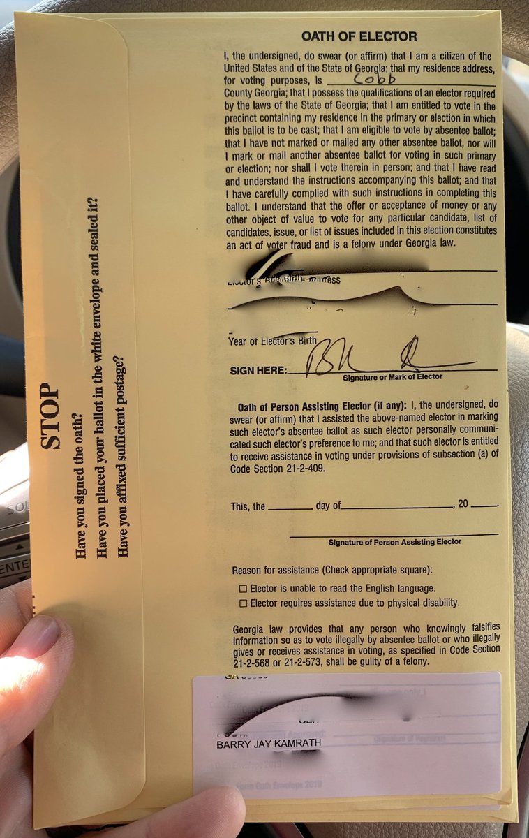 Barry Kamrath (@barrykamrath) on Twitter photo Question to <a href="/realDonaldTrump/">Donald J. Trump</a> regarding a signature recount in Georgia. The ballot envelope doesn't say to "print name legibly" (it already has sticker with name on it). Should votes not count for people like me who don't sign their name legibly? That's my signature though :-/ Question to <a href="/realDonaldTrump/">Donald J. Trump</a> regarding a signature recount in Georgia. The ballot envelope doesn't say to "print name legibly" (it already has sticker with name on it). Should votes not count for people like me who don't sign their name legibly? That's my signature though :-/