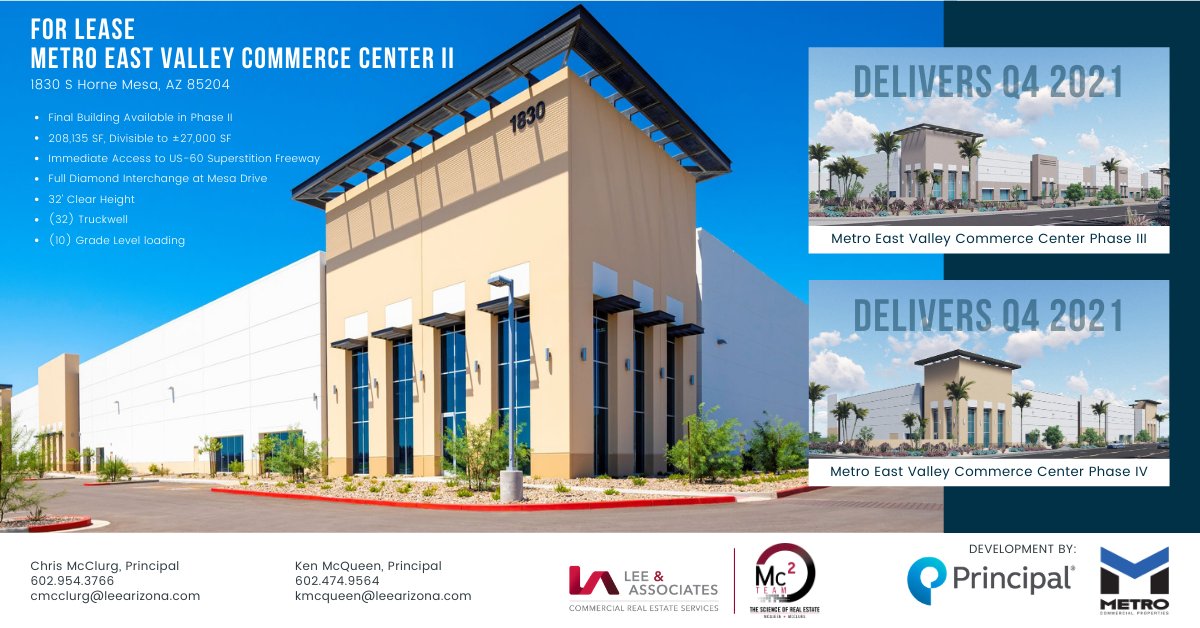Metro East Valley Commerce Center is expanding to meet demands of Class A warehouse/distribution spaces for the booming Mesa, AZ industrial sector. 

For more information on this building or future planned buildings, contact Chris and Ken, or visit leearizona.com.