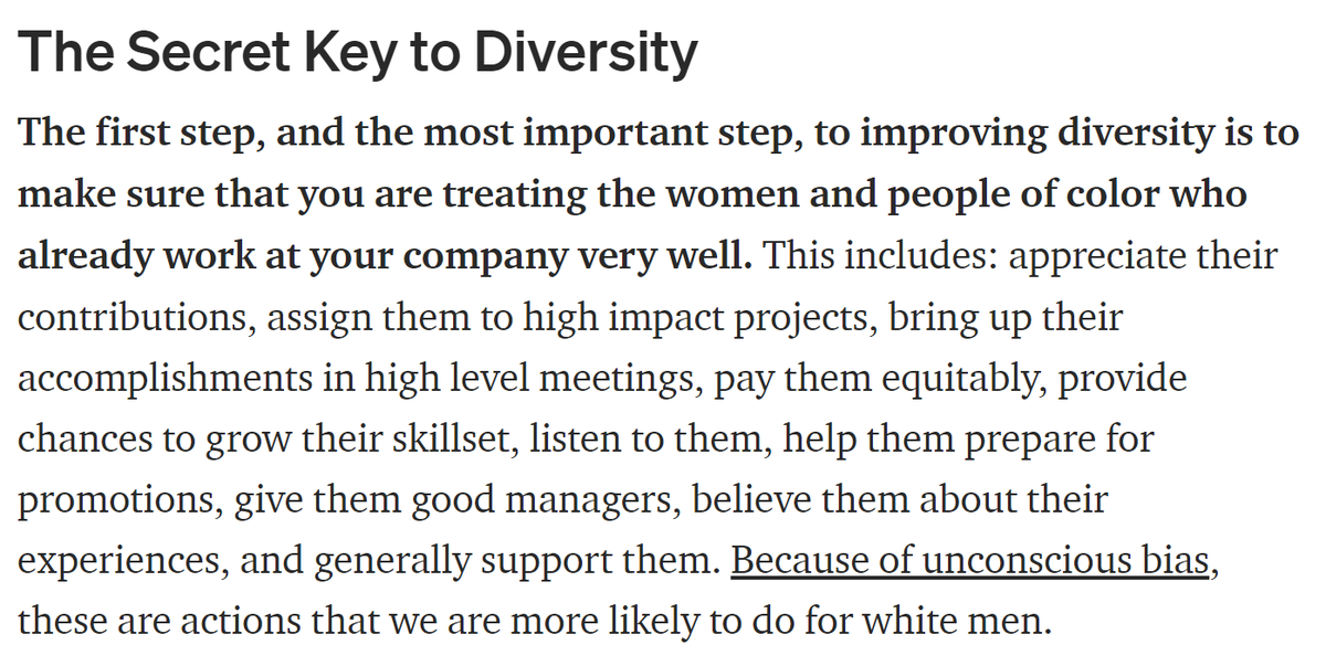 So what works? The #1 thing to do is to make sure that the Black women at your company actually have a fair shot at success. This also means you will have to get rid of the people who are actively sabotaging them 6/ https://medium.com/tech-diversity-files/the-real-reason-women-quit-tech-and-how-to-address-it-6dfb606929fd