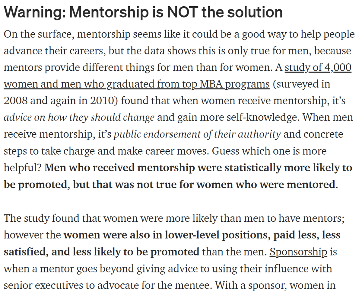 When men are mentored, they receive public endorsement of their authority. When women are mentored, they are given advice on how they should change. Guess which of those is actually useful for getting promoted? 8/ https://medium.com/tech-diversity-files/the-real-reason-women-quit-tech-and-how-to-address-it-6dfb606929fd