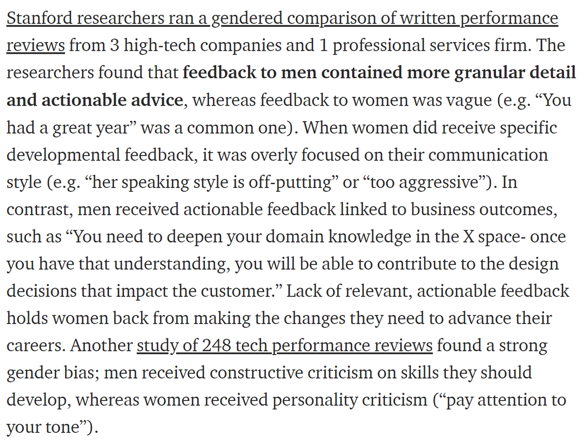 Men are more likely to receive actionable feedback in performance reviews, whereas women receive vague personality criticisms. Again, guess which is useful for getting promoted? 11/