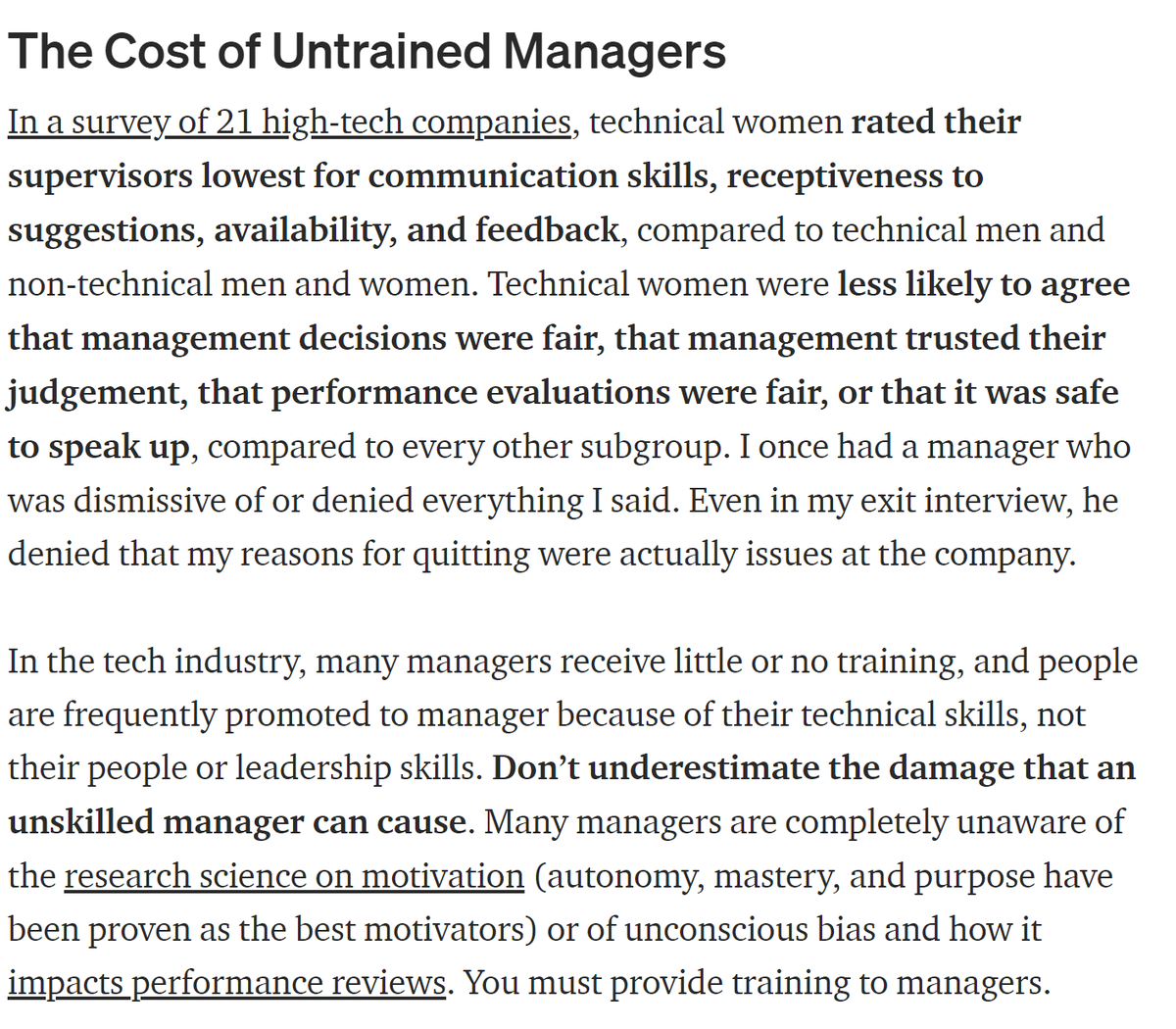 Train the managers at your org: don't underestimate the damage that an untrained & biased manager can cause 10/ https://medium.com/tech-diversity-files/the-real-reason-women-quit-tech-and-how-to-address-it-6dfb606929fd