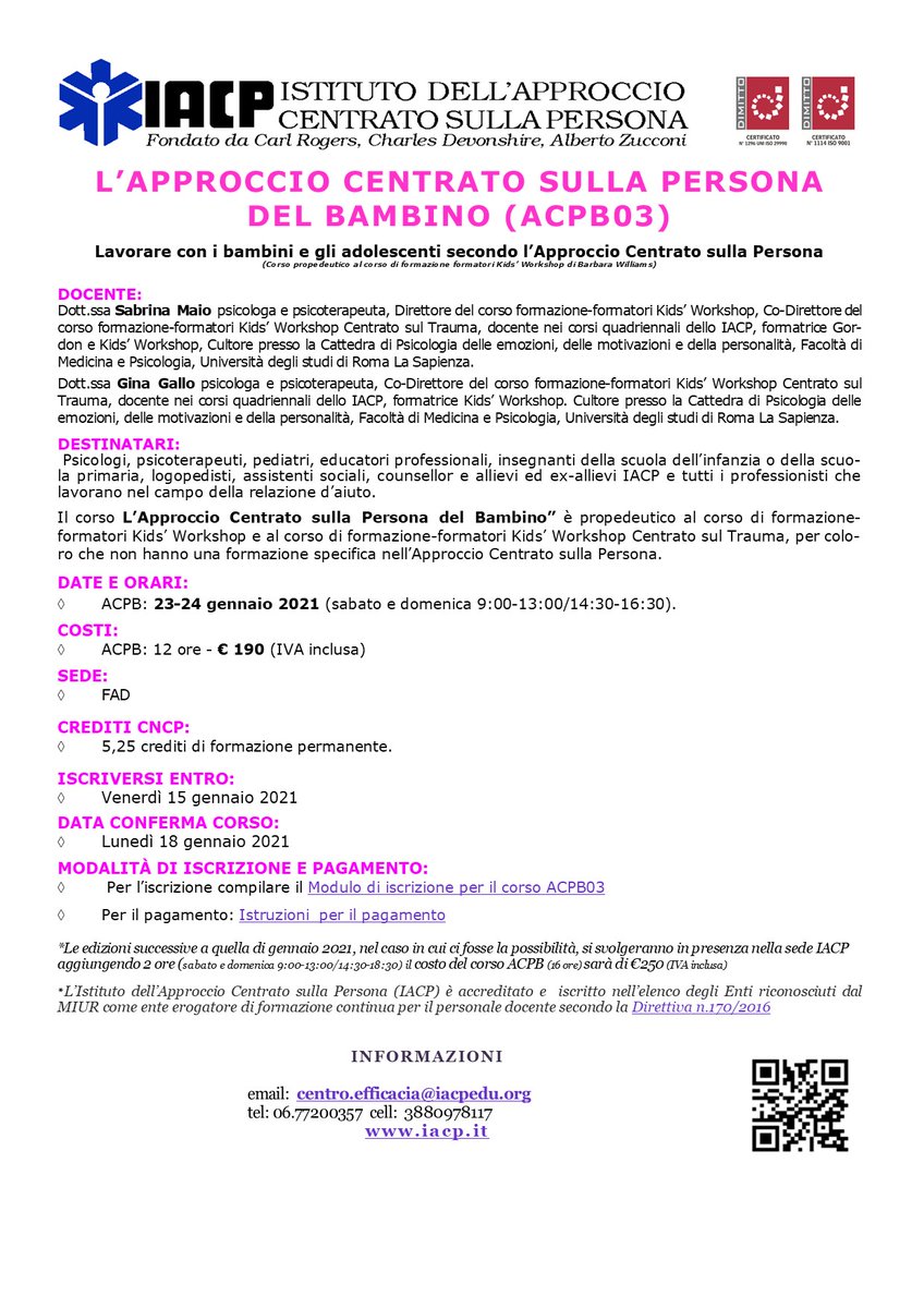 IACPsocial's tweet photo. Vi informiamo che il prossimo corso l'Approccio Centrato sulla Persona del Bambino - ACPB03 è stato programmato per il 23 e il 24 gennaio 2021 https://t.co/MYxyTTwxKr