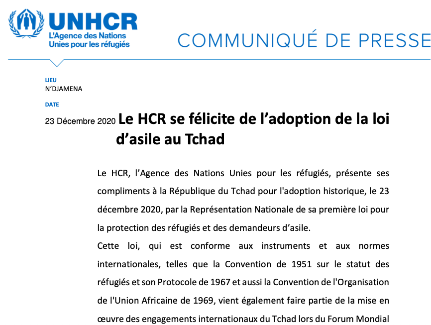 ICVA_Displaced's tweet image. Communiqué de Presse du HCR concernant l'adoption de la loi d’asile au Tchad: bit.ly/34BhXgj #CRRF #NYDeclaration #RefugeeCompact