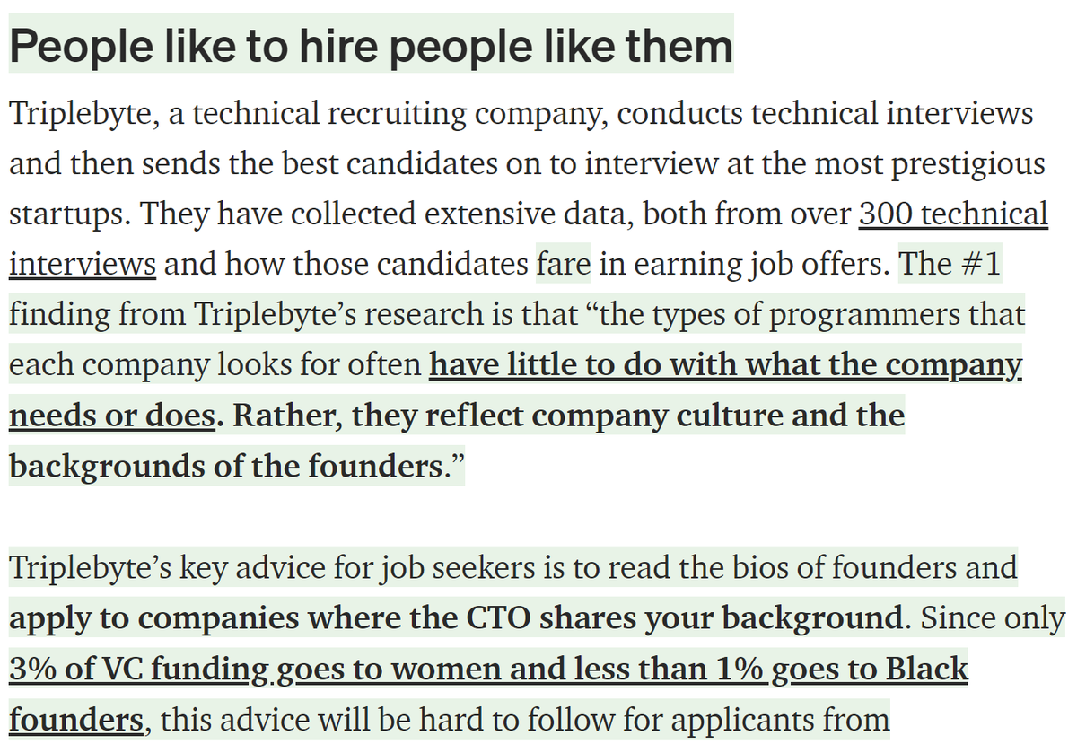 Research shows people like to hire people like them. You will need to overhaul your interview process: 12/ https://medium.com/@racheltho/how-to-make-tech-interviews-a-little-less-awful-c29f35431987