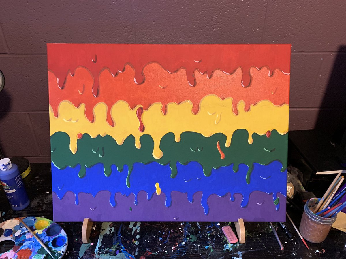 A pride flag (red, orange, yellow, green, blue, and purple stripes) painted using the drip effect.

18 x 24 inch acrylic on canvas