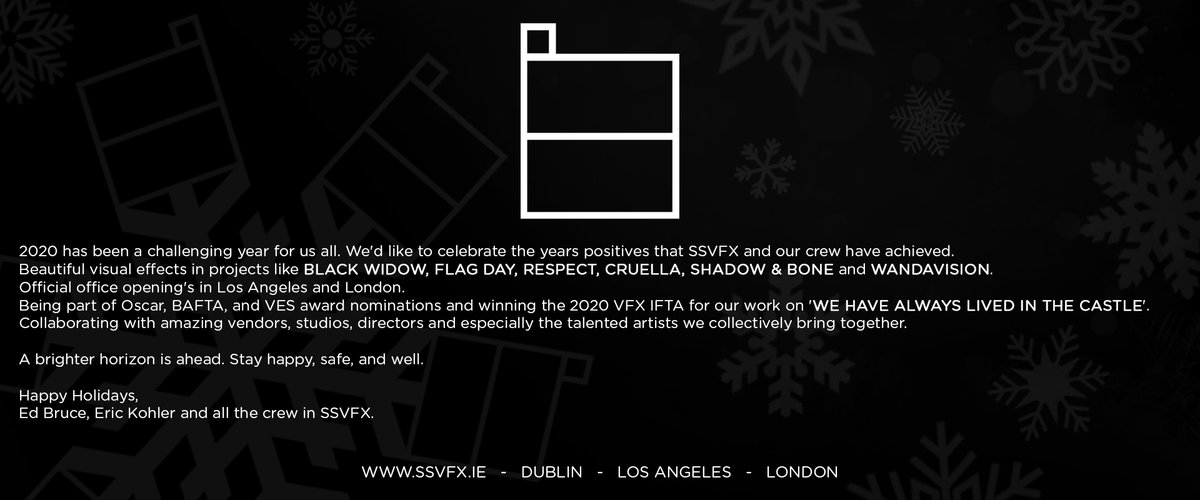2020 has been a challenging year for us all. We'd like to take a moment to celebrate the year's positives that SSVFX and our crew have achieved...

Wishing you all happy holidays, 
Ed Bruce, Eric Kohler and all the crew at SSVFX! 

#ssvfx #vfx #visualeffects #2020