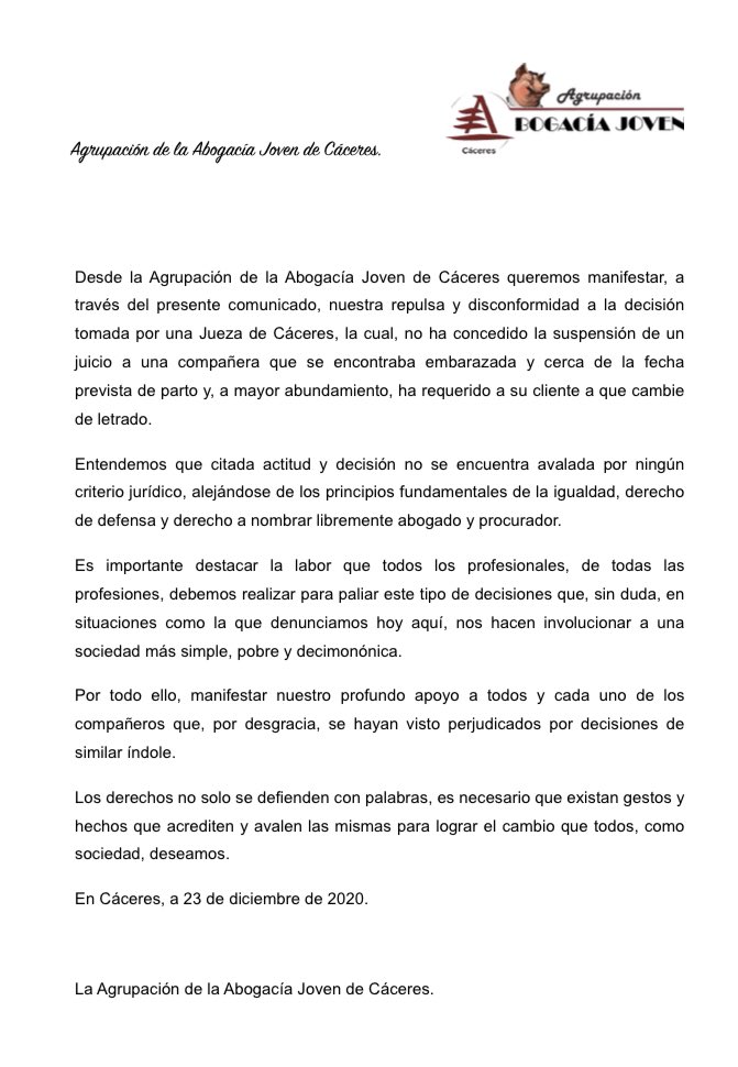 ⚠️COMUNICADO AJA ÁCERES⚠️

Queremos mandar un mensaje en apoyo a una compañera e integrante de la agrupación, apelando públicamente por la Igualdad, el Derecho a ls defensa y elección libre de abogado y procurador.
