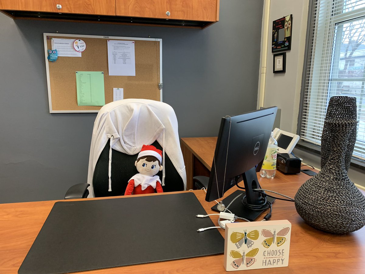 mschachtel13's tweet photo. Caught #edtechelf sneaking into the main office to announce school is closed! Guess he didn’t know it is officially winter break! ...then it looks like he took over Dr. Banker’s office! @LLBPrincipal #hilltopperstech #elfontheshelf https://t.co/aPlhhHujEp