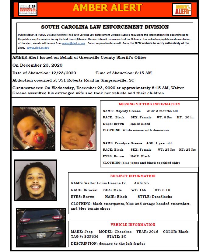 foxcarolinanews's tweet photo. PLEASE KEEP SHARING: SLED just released this #AMBERAlert bulletin as the search for these two baby girls continues.

LATEST: https://t.co/XwZWGzNsz1 https://t.co/OK0oy5TFrM