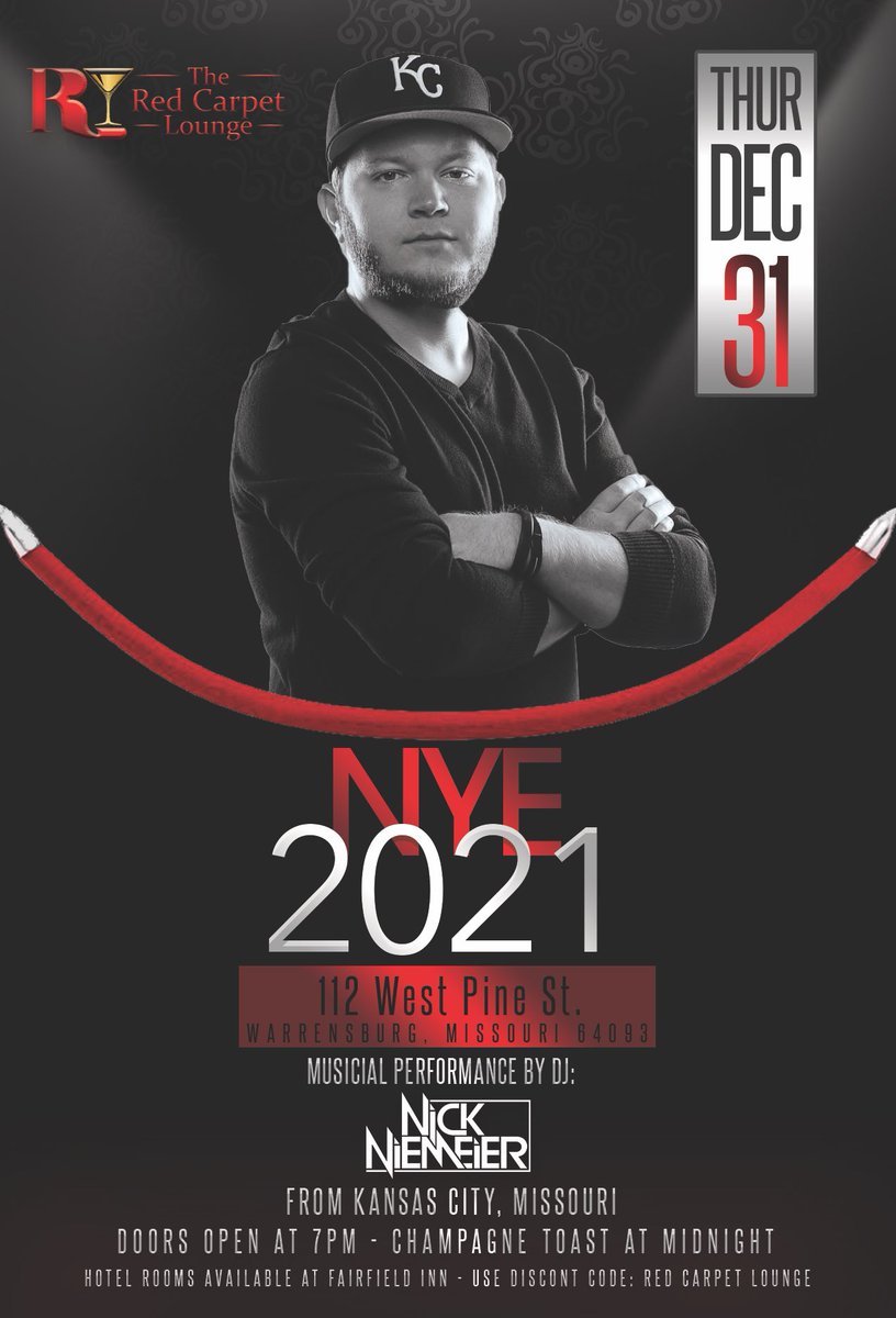 DJNickNiemeier's tweet photo. #NYE at the Red Carpet Lounge 🥂

🚪 Doors open at 7pm

🎶 @DJNickNiemeier 9pm-1am

💰 $6 Cover (includes access to the #RedCarpetLounge &amp; @DistrictonPine across the street)

🍻 Cheap Drinks

🍾 VIP/Bottle Service Available

📍 Warrensburg, MO

🔞 21+ with IDs checked at the door https://t.co/5oViGK9xxF