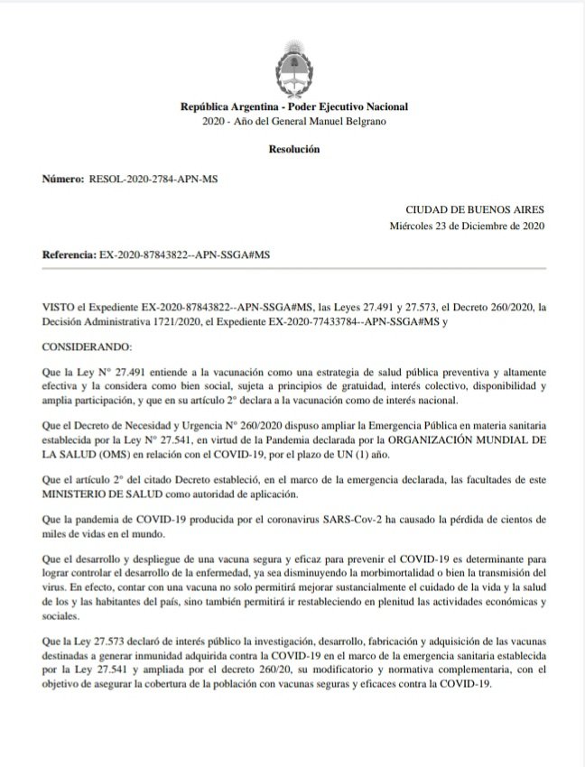MinSalud_Ar's tweet photo. Resolución del Ministerio de Salud de la Nación con caracter de emergencia aprobando la utilización de la vacuna Sputnik V. https://t.co/0BTiAJtFhY